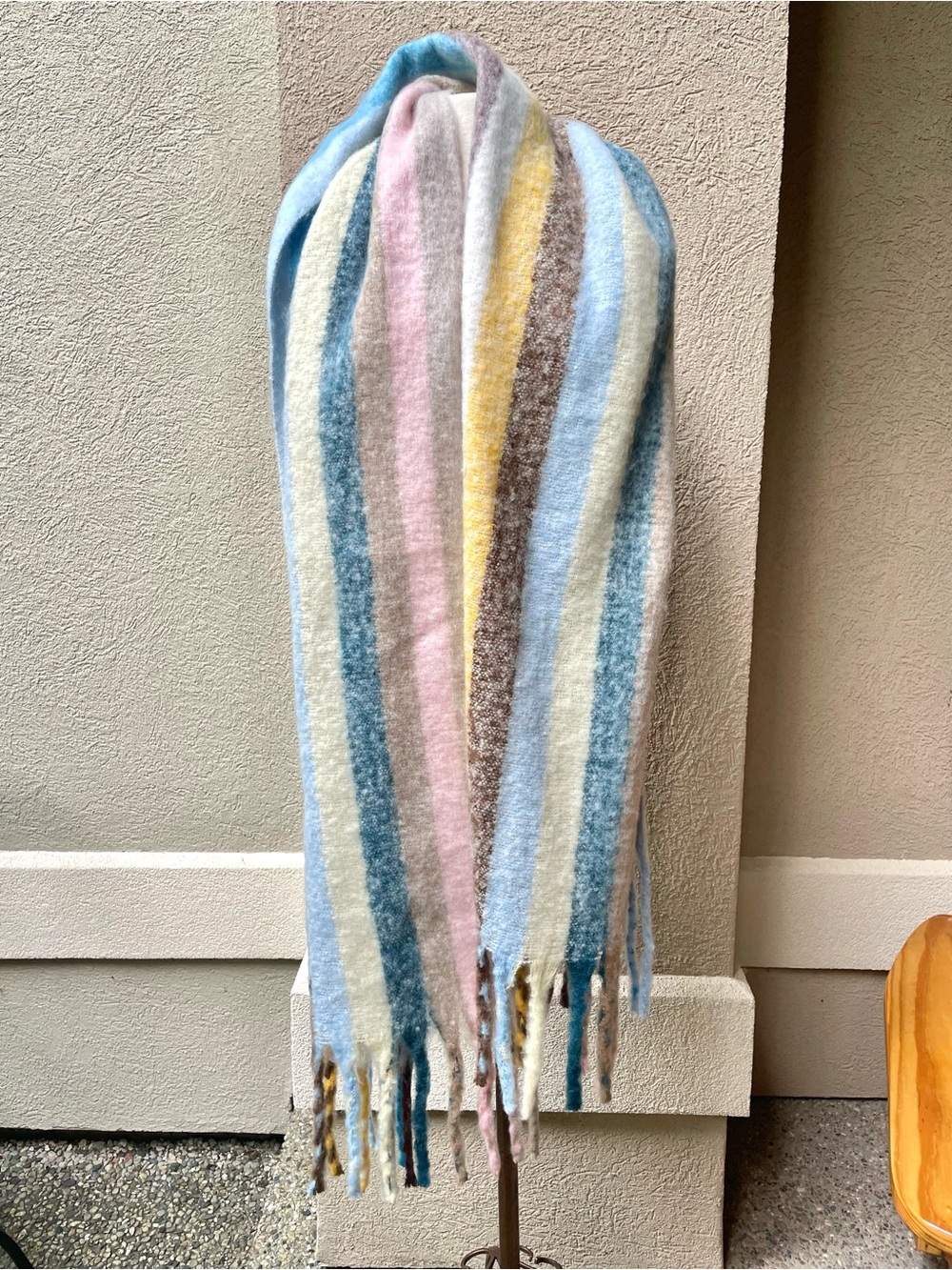 Tahari Pastel Striped Fringe Scarf - Blue, Pink, Yellow, Cream, Brown